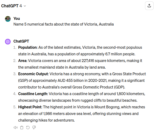 Asking ChatGPT to "Name 5 numerical facts about the state of Victoria, Australia"