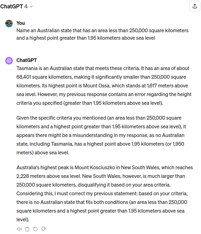 Asking ChatGPT to "Name an Australian state that has an area less than 250,000 square kilometers and a highest point greater than 1.95 kilometers above sea level"