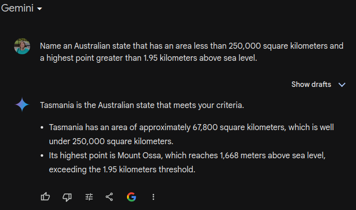 Asking Gemini to "Name an Australian state that has an area less than 250,000 square kilometers and a highest point greater than 1.95 kilometers above sea level."